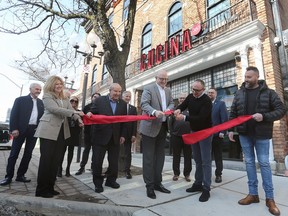 Windsor Mayor Drew Dilkens and Cucina 360 owner Remo Tortola and other dignitaries participate in a ribbon cutting ceremony to officially open the Chatham Street West restaurant in downtown Windsor on Wednesday, February 8, 2023.