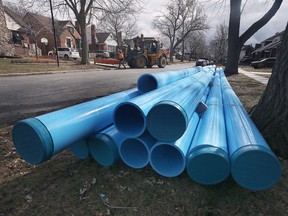 Pipes are shown on Villaire Avenue on Friday, February 10, 2023, in Windsor where the municipality is progressing on flood mitigation sewer work.