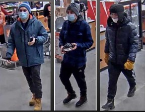 Security camera images of some of the five suspects involved in theft of tools from the Home Depot location on Division Road in Windsor on Jan. 17, 2023.