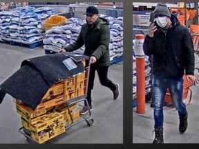 Security camera images of some of the five suspects involved in theft of tools from the Home Depot location on Division Road in Windsor on Jan. 17, 2023.