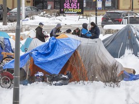 A homeless encampment in Kitchener, Ontario, at the corner of Victoria Street and Weber Street, January 31, 2023.