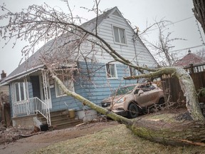WINDSOR, ONT:. FEBRUARY 23, 2023 - Damage to a house and car can be seen on the 1800 block of Labadie Rd., after a significant ice storm hit the region, on Thursday, Feb. 23, 2023.