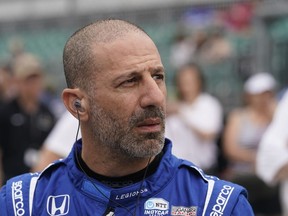 Tony Kanaan, of Brazil, watches during qualifications for the Indianapolis 500 auto race at Indianapolis Motor Speedway, May 21, 2022, in Indianapolis.
