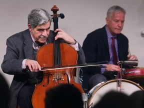 Mike Karoub, left, on cello and Pete Siers, drums, perform during the Mac Hall New Orleans Street Beat '23 show on Sunday, February 26, 2023 at the Mackenzie Hall in Windsor.