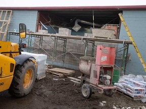 Work is underway to repair a 20-foot hole in an exterior wall of the Paradise Gaming Centre building in Windsor. Police said break-in thieves smashed the wall with an excavator. Photographed Feb. 7, 2023.