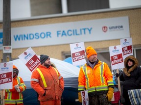 Striking workers at Windsor Salt form a picket line at the company property on Prospect Avenue on Feb. 17, 2023.
