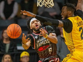 Ja'Myrin Jackson, left, had a game-high 26 points to lead the Windsor Express to a 105-014 road win over the London Lightning on Thursday in the opening game of the NBL of Canada final. Derek Ruttan/The London Free Press/Postmedia Network