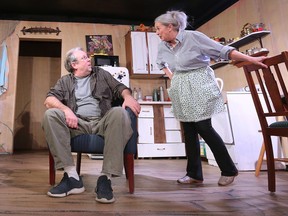 Joey Ouellette and Cheri Scratch are shown on Wednesday, February 1, 2023 during a rehearsal of Post Production's play The Children at Shadowbox Theater in Windsor.