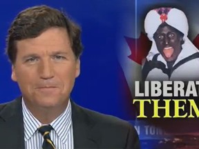 Screen shot of Tucker Carlson with inset photo of Justin Trudeau in blackface.