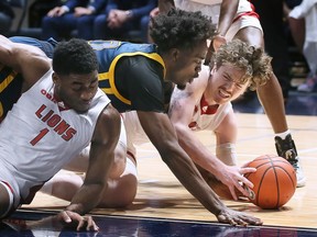 The Windsor Lancers' Anthony Mensah, centre, battles York's Somto Dimanochie, left, and Elias Panagiotopoulos for a loose ball during Sunday's OUA men's basketball game at the Toldo Lancer Centre.