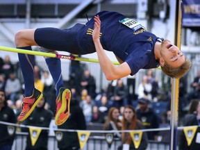 Caleb Keeling, in the men's high jump, was one of seven members of the Windsor Lancers track and field team to win a gold medal at the Can-Am Classic meet.