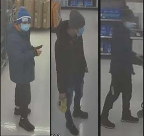 Security camera images of some of the five suspects involved in theft of video game consoles from the Walmart on Dougall Avenue in Windsor on Jan. 17, 2023.