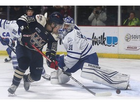 Windsor Spitfires' forward Colton Smith backhands the puck past Mississauga Steelheads' goalie Ryerson Leenders to open the scoring in Saturday's game at the WFCU Centre.