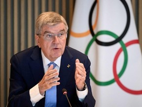 International Olympic Committee (IOC) President Thomas Bach gestures during an IOC executive board meeting where the issue of Russian athletes will be discussed, in Lausanne, on March 28, 2023.