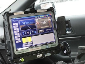 A close-up of the computer screen that's part of the ALPR system onboard an Ottawa police vehicle. Photographed in January 2023.