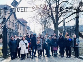 A group of Ontario educators at Auschwitz-Birkenau concentration camp (March 16, 2023).