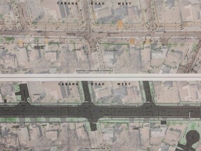 Renderings of phase 4 of the Cabana Corridor Improvements are pictured during a Public Information Centre at Southwood Public School, on Wednesday, March 22, 2023.