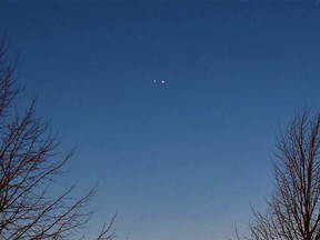 The conjunction of Jupiter and Venus, visible in the night sky over Windsor-Essex on March 1, 2023. Photographed from Riverdance Park in LaSalle.