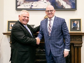 Ontario Premier Doug Ford shakes hands with Windsor Mayor Drew Dilkens in Toronto on Monday, March 27, 2023.