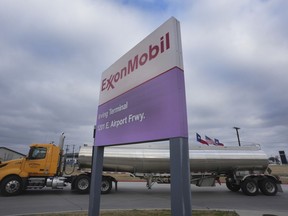 A tanker pulls into an ExxonMobil fuel storage and distribution facility in Irving, Texas, Wednesday, Jan. 25, 2023. Environmental groups are celebrating after ExxonMobil relinquished offshore oil and gas exploration permits in British Columbia dating back more than 50 years.