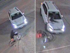 Surveillance camera images showing the moment of impact in a hit-and-run incident involving a cyclist in Windsor's Walkerville area on the night of March 21, 2023.