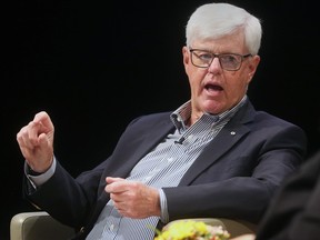 John Manley, former Deputy Prime Minister of Canada speaks with University of Windsor chancellor Mary Jo Haddad on Thursday, March 23, 2023 at the Windsor campus during the Chancellor's Leadership Series event.