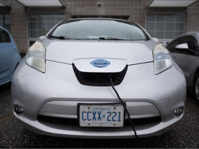 An electric Nissan Leaf is parked outside WEtech Alliance's Mobility Day at the Automobility and Innovation Centre, on Thursday, March 23, 2023.