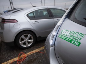 Electric and hybrid cars are parked outside WEtech Alliance’s Mobility Day at the Automobility and Innovation Centre, on Thursday, March 23, 2023.