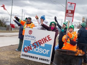Workers with Windsor Salt are joined by supporters at the picket line at the corner of Prospect Ave. and Ojibway Parkway, on Friday, March 17, 2023. Bargaining resumes April 3.