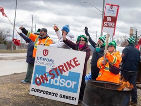 Bargaining resumes next week. Striking Windsor Salt workers are joined by supporters at the picket line at the corner of Prospect Avenue and Ojibway Parkway on Friday, March 17, 2023.