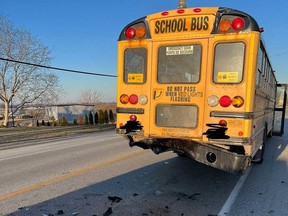 A school bus that was struck from behind by a passenger vehicle in the Leamington area on the morning of March 20, 2023.