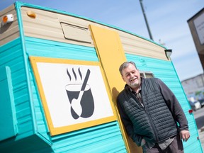 Roger Fordham, founder and executive director of Feeding Windsor Essex, stands next to The Soup Shack that has found a new temporary home at the former Lazarus Outreach Centre at 899 Wyandotte St. East, on Thursday, March 16, 2023.