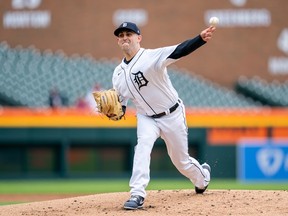 Matthew Boyd #48 of the Detroit Tigers throws a second inning pitch against the Cleveland Guardians during game one of a doubleheader at Comerica Park on April 18, 2023 in Detroit, Michigan.