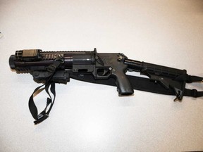 The 40 mm launcher used by a Windsor police officer to shoot a foam-tipped round at a mentally-ill man on Dec. 1, 2022.