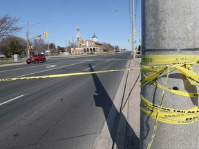 Police tape at the scene of a fatal collision involving a pedestrian on Tecumseh Road East at Kildare Road in Windsor's South Walkerville area on April 8, 2023.