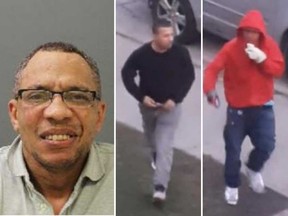 Three male suspects sought by Windsor police in connection with an assault incident on April 6, 2023. At left, David Siris, 47. At right, surveillance camera images of two unidentified individuals.