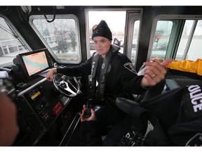 WINDSOR, ONT: APRIL 22, 2023. Windsor Police Const. Deanna Lamont is shown on the service's Defender boat during the Border Sentinel exercise on Saturday, April 22, 2023 in Windsor. The small boat training conducted by HMCS Hunter and partner agencies took place on the Detroit River.