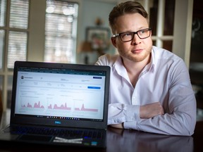 Stefan Gertz, Cadence Health Analytics co-founder, displays a physician’s report his company uses fo their research, on Tuesday, April 11, 2023. The company is one of seven national finalists for the Arthritis Society of Canada?s tech innovation awards.