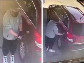 Surveillance camera images of an adult male suspect who stole a vehicle in Windsor, then stole gas for it on April 10, 2023.