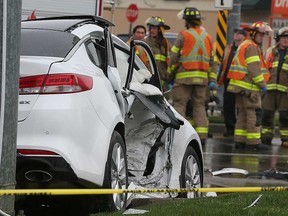 Damage to one of two cars involved in a serious collision in the 6500 block of Tecumseh Road East in Windsor on April 25, 2023.