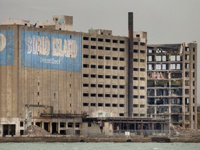 The Detroit Harbor Terminal Building, better known as the Boblo boat building, just west of the Ambassador Bridge on the American side of the Detroit River, is a 10-storey structure that has sat vacant for roughly two decades. Pictured Monday, April 17, 2023, it is in the process of being torn down.