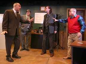 Darker, edgier — and funny too. Windsor theatre company Post Productions is bringing Glengarry Glen Ross back to the stage at the Shadow Box Theatre. Cast members Fred Krysko, left, Joey Ouellette, Michael Potter and Chris Lanspeary are shown during a rehearsal on Wednesday, April 12, 2023.
