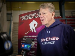 Robb Serviss, director of athletics at Academie Ste-Cecile International School, and head coach of their prep hockey team, speaks to the media at the Capri Pizzeria Recreation Centre, on Thursday, April 20, 2023.