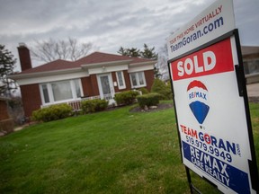 A sold sign is seen on the front yard of a home on the 1800 block of Kildare Road, on Wednesday, April 5, 2023.