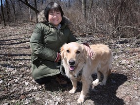 'They cannot take away my right to ask questions.' Linda Qin, a trustee with the Greater Essex County District School Board, shown near her home with her dog Bunny on Friday, April 7, 2023, got into some hot water last week with her board colleagues.