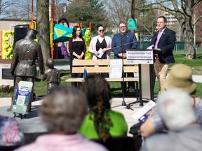 'One of the most vibrant Black communities in Canada.' Windsor-Tecumseh MP Irek Kusmierczyk speaks during the launch of the McDougall Street Corridor Walking Tour at Alton Parker Park, on Thursday, April 13, 2023.