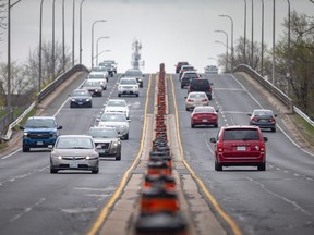 Traffic is seen on the Ouellette Avenue overpass on Thursday, April 20, 2023.