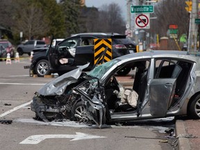 Two of the vehicles involved in a serious collision at Lauzon Road and Wyandotte Street East in Windsor on April 5, 2023.