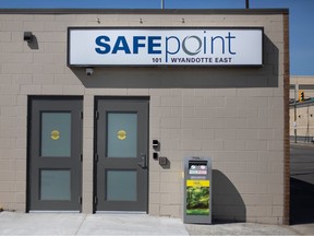 The entrance and exit to the SafePoint Consumption and Treatment Service site are seen during a media tour of the new facility on Wednesday, April 19, 2023.