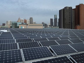Solar panels are seen on the roof of the Windsor International Aquatic and Training Centre, on Dec. 8, 2021.
